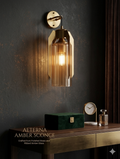 AETERNA Amber Sconce – Modern Geometric Brass & Hand-Blown Ribbed Glas
