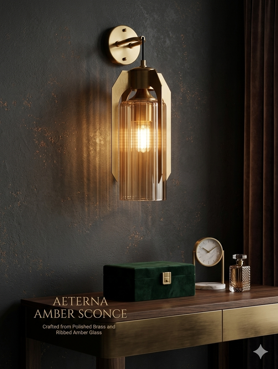 AETERNA Amber Sconce – Modern Geometric Brass & Hand-Blown Ribbed Glas