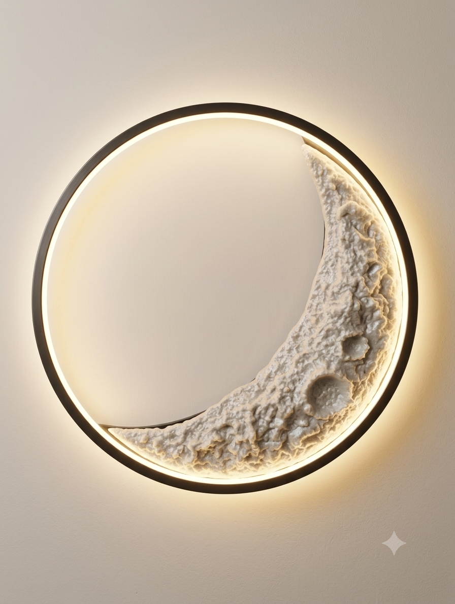 Modern Crescent Moon Wall Lamp – 3D Textured Decorative LED Light for Bedroom & Living Room
